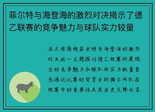 菲尔特与海登海的激烈对决揭示了德乙联赛的竞争魅力与球队实力较量